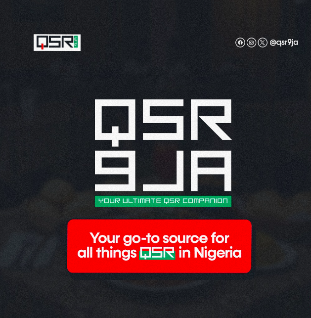 QSR 9ja brand graphic featuring bold white text on a dark background that reads 'QSR 9JA – Your Ultimate QSR Companion.' A red banner highlights the message: 'Your go-to source for all things QSR in Nigeria,' with social media icons and @qsr9ja handle.