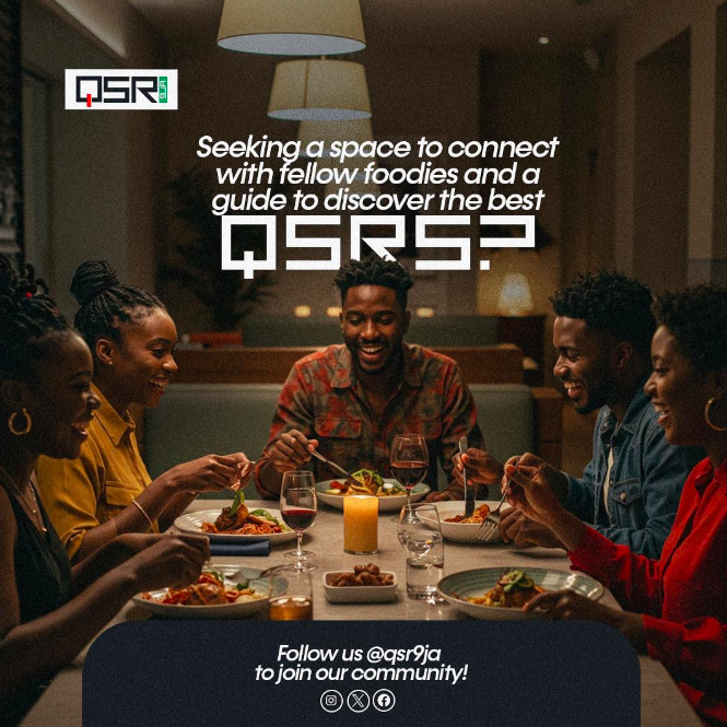 A group of young Nigerian adults laughing and enjoying a meal together at a stylish, warmly lit restaurant. Text overlay reads: 'Seeking a space to connect with fellow foodies and a guide to discover the best QSRs?' followed by a call to action: 'Follow us @qsr9ja to join our community!'